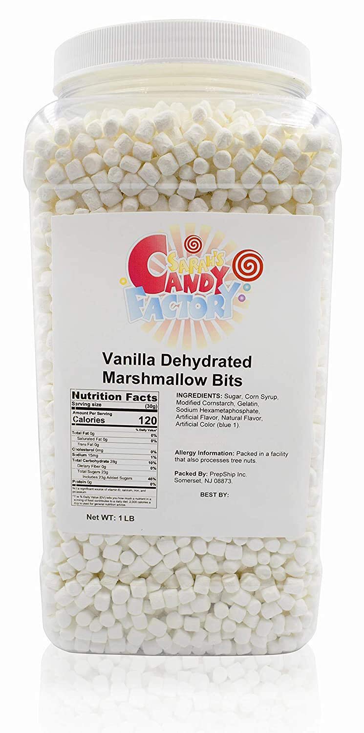 Sarah's Candy Factory vanilla mini dehydrated marshmallows jar closeup showing fresh topping versatility.
