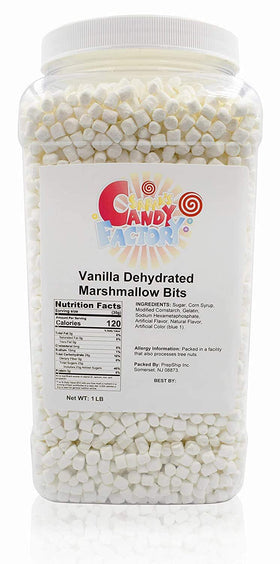 Sarah's Candy Factory vanilla mini dehydrated marshmallows jar closeup showing fresh topping versatility.