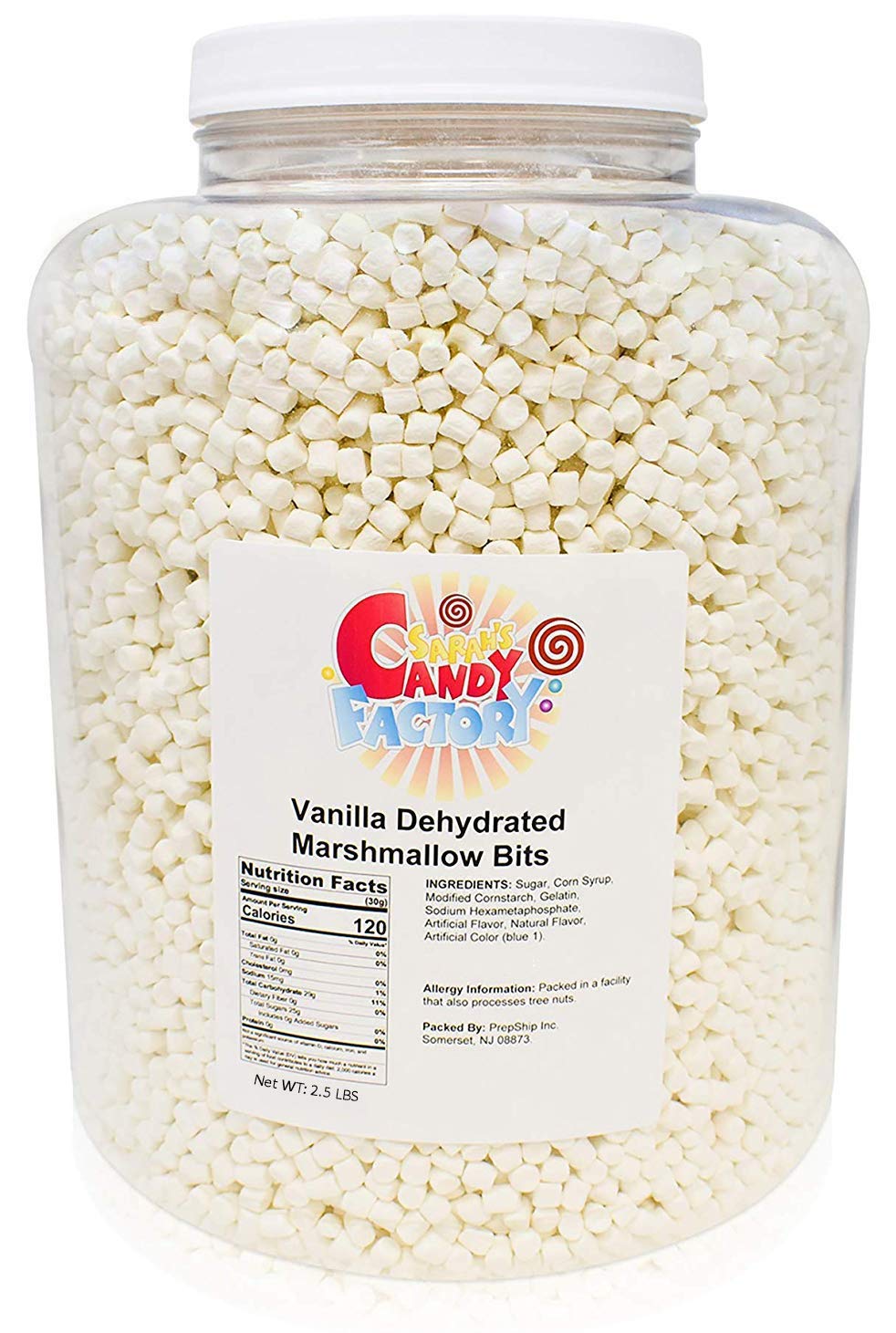 Sarah's Candy Factory vanilla mini marshmallow bits in a jar for hot cocoa