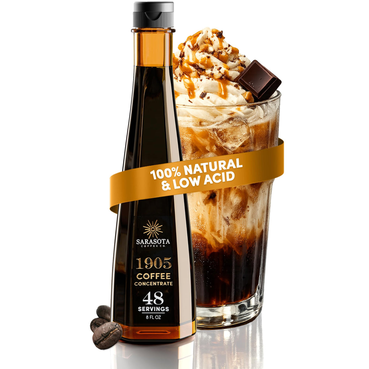 Sarasota 1905 Coffee Concentrate bottle pour showcases rich flavor for hot or iced coffee.