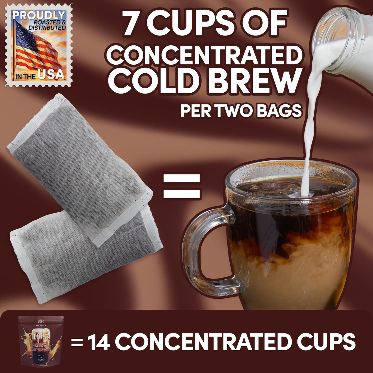 Sarasota 1905 Cold Brew Bags in a glass pitcher for icy serving.