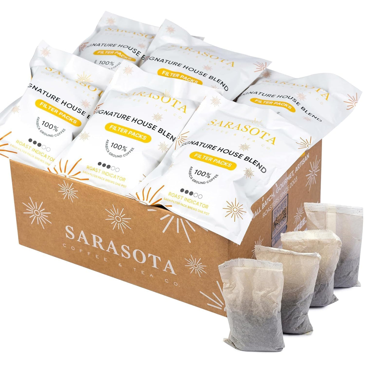 Sarasota Breakfast Blend filter pack ready for 10-12 cup drip brew, smooth, low-acid flavor