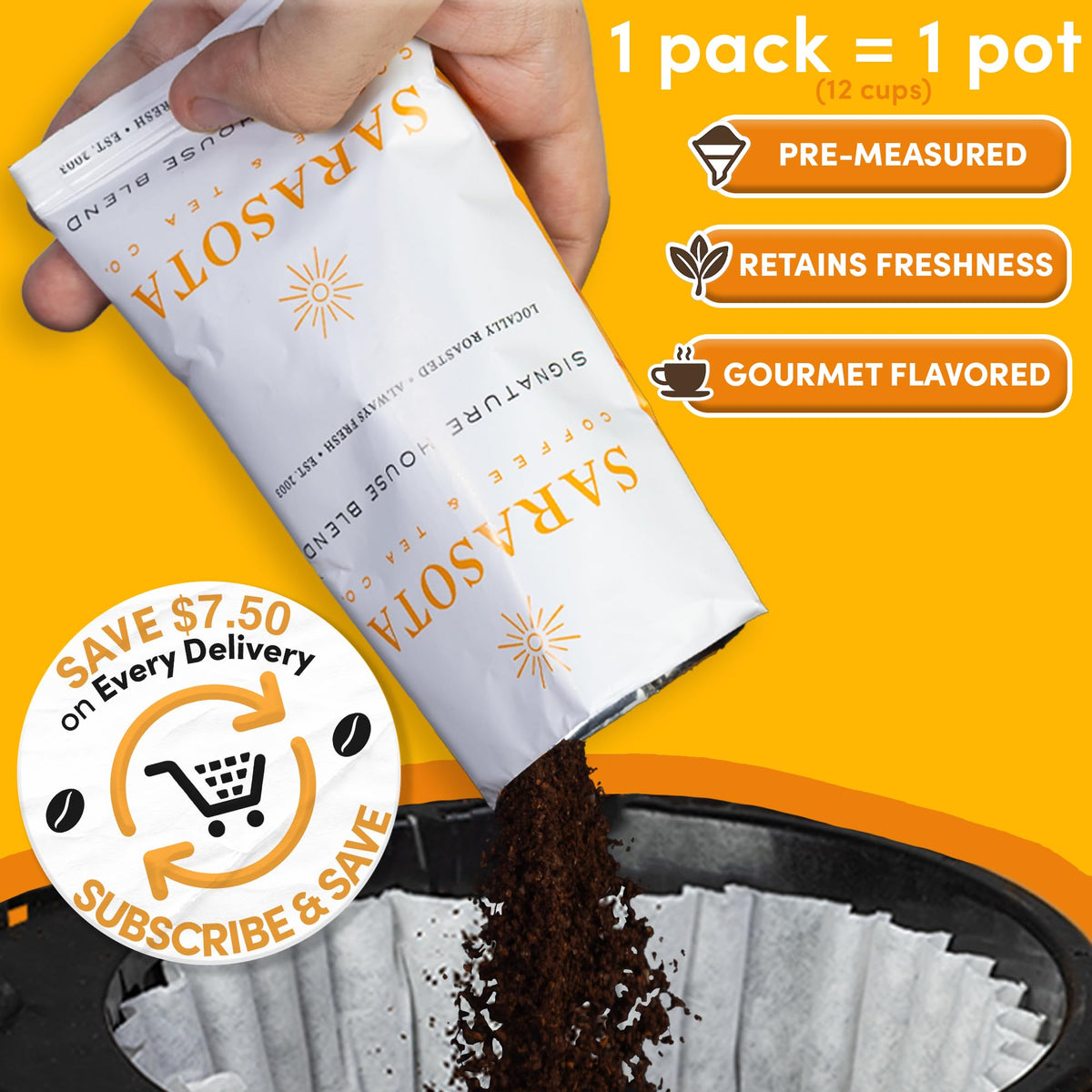 Sarasota Breakfast Blend packets neatly stacked, highlighting bulk convenience for hospitality.