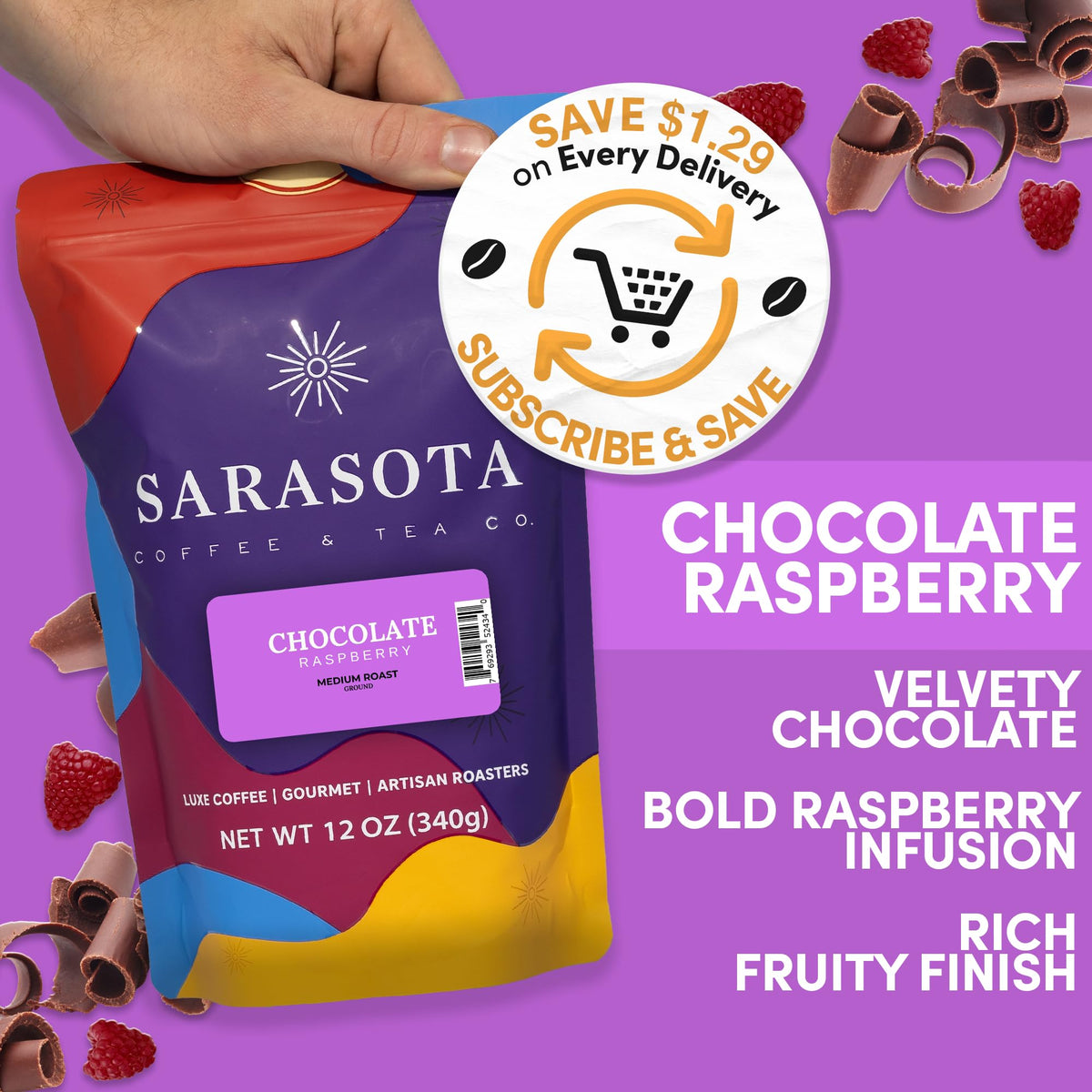 SARASOTA Chocolate Raspberry ground coffee beans close-up highlighting premium Arabica quality.