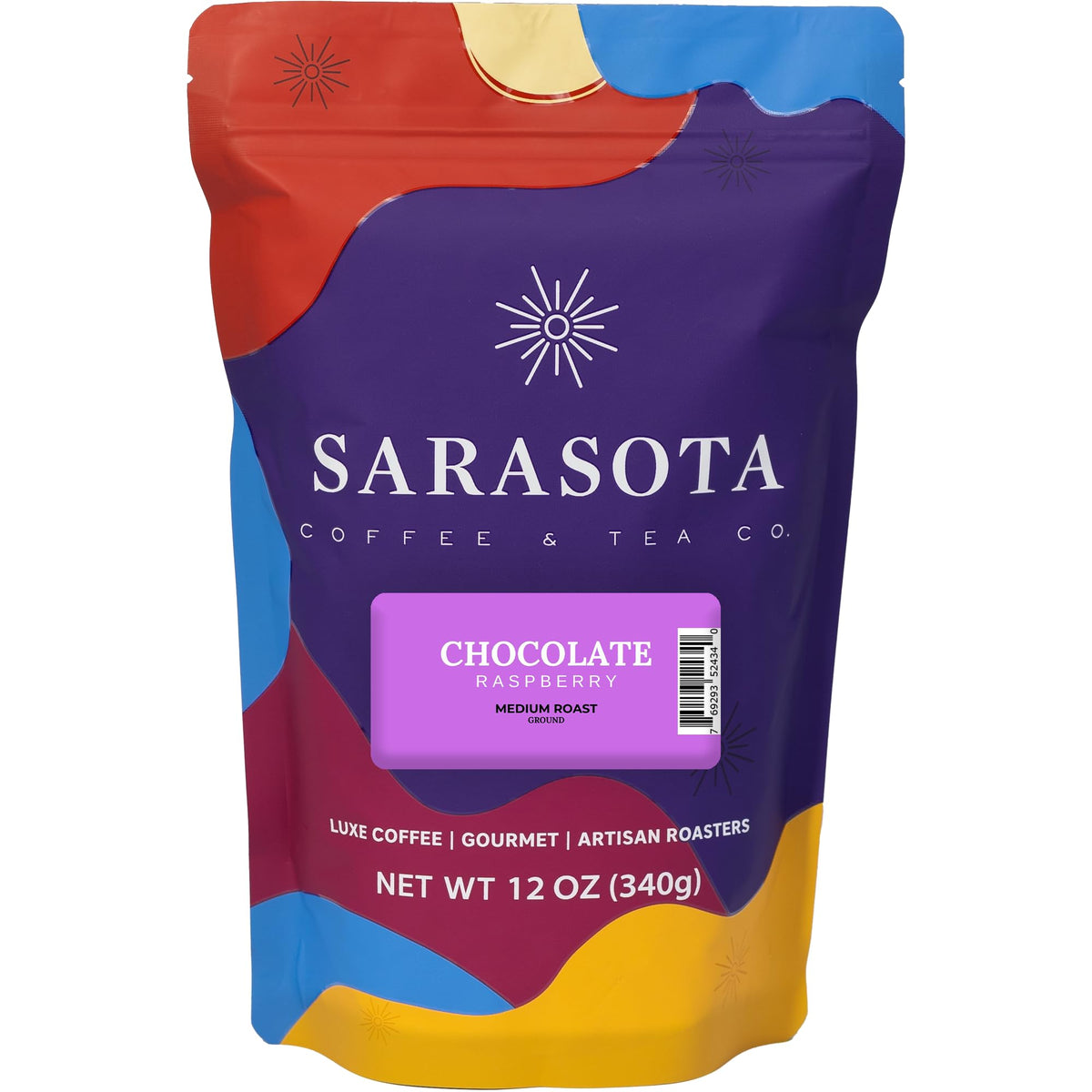 SARASOTA Chocolate Raspberry ground coffee pack with rich aroma for cozy mornings.