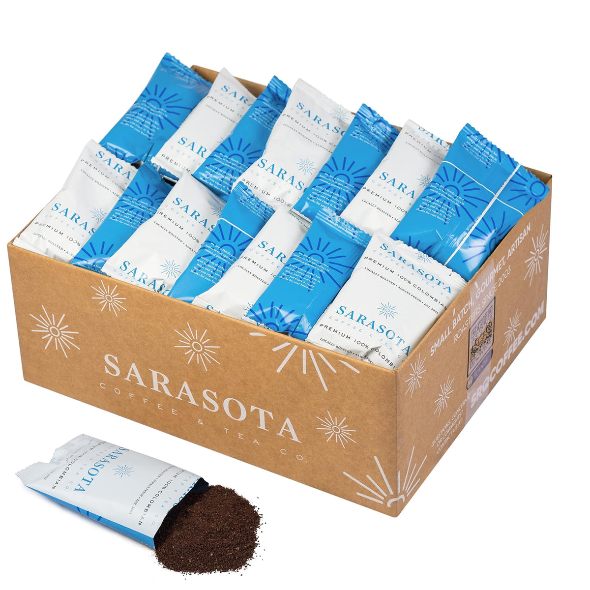 Sarasota Coffee 100% Colombian packets packaging shows convenient single-pot packs for 12-cup brews.
