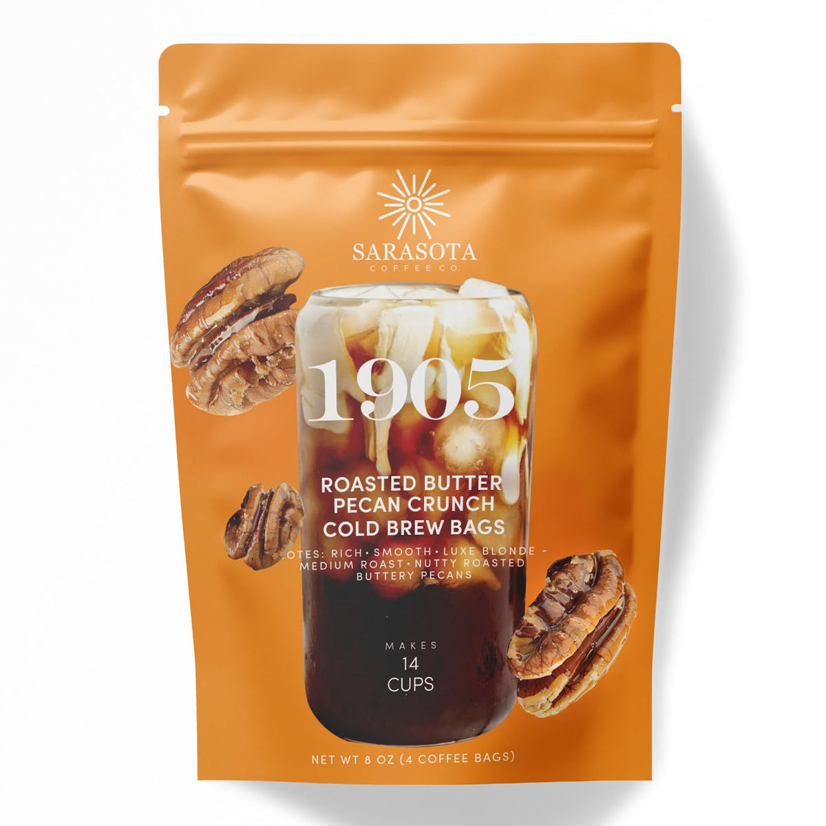 Sarasota 1905 cold brew bags close-up show rich blonde roast and convenient pre-filled packs.