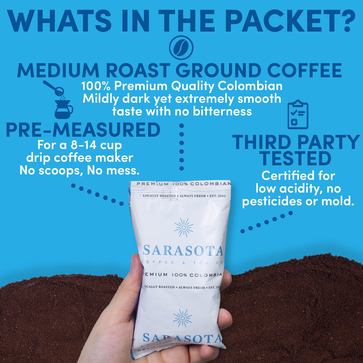Sarasota Coffee artisan roasted aroma captures premium flavor in a compact packet.