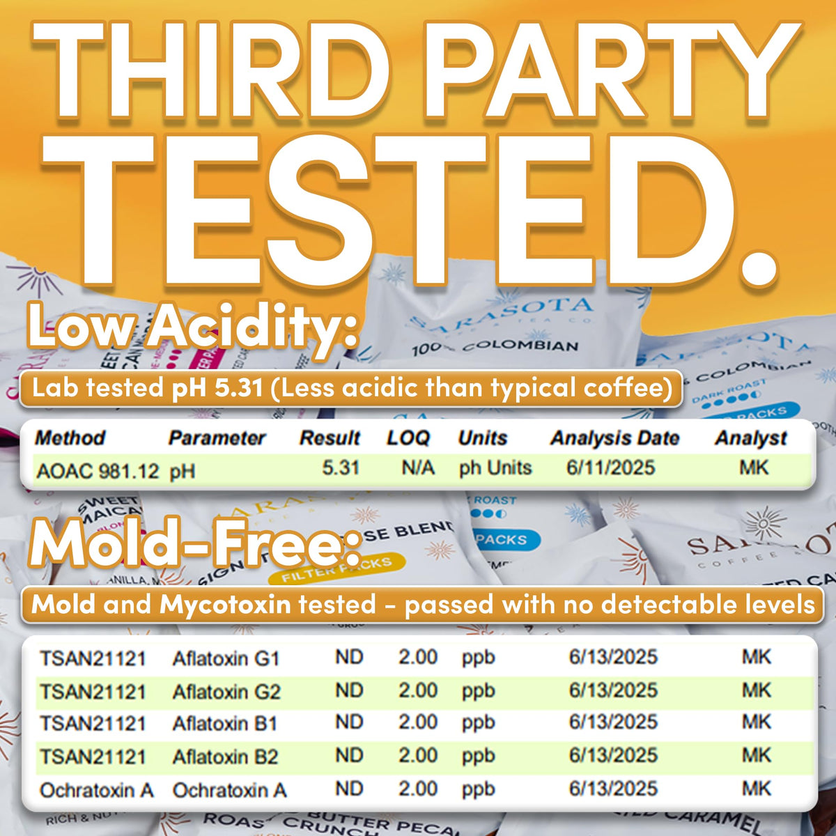 3rd party tested Sarasota Breakfast Blend filter packs ensure mold-free, low-acid coffee