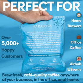 Office breakroom scene with Sarasota Coffee filter packs ready to brew