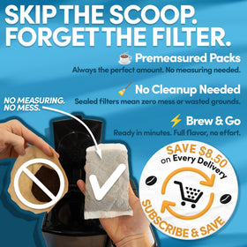 Close-up of Sarasota Coffee premeasured 2 oz filter pack for quick brewing