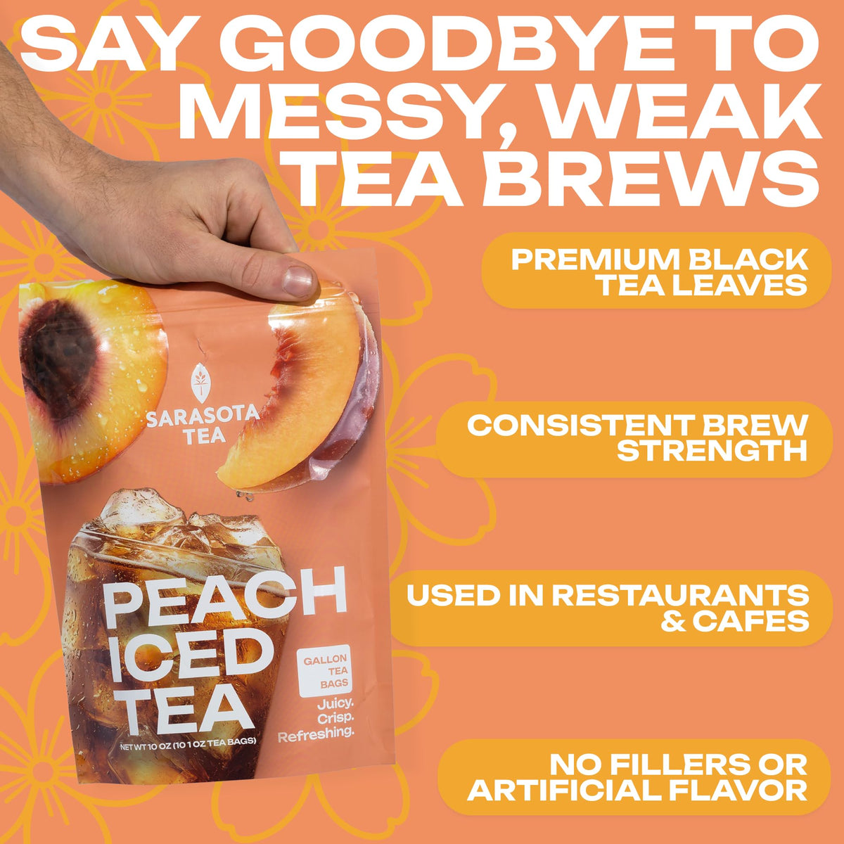 Sarasota peach tea bags compatible with hot brew, cold brew, and sun tea