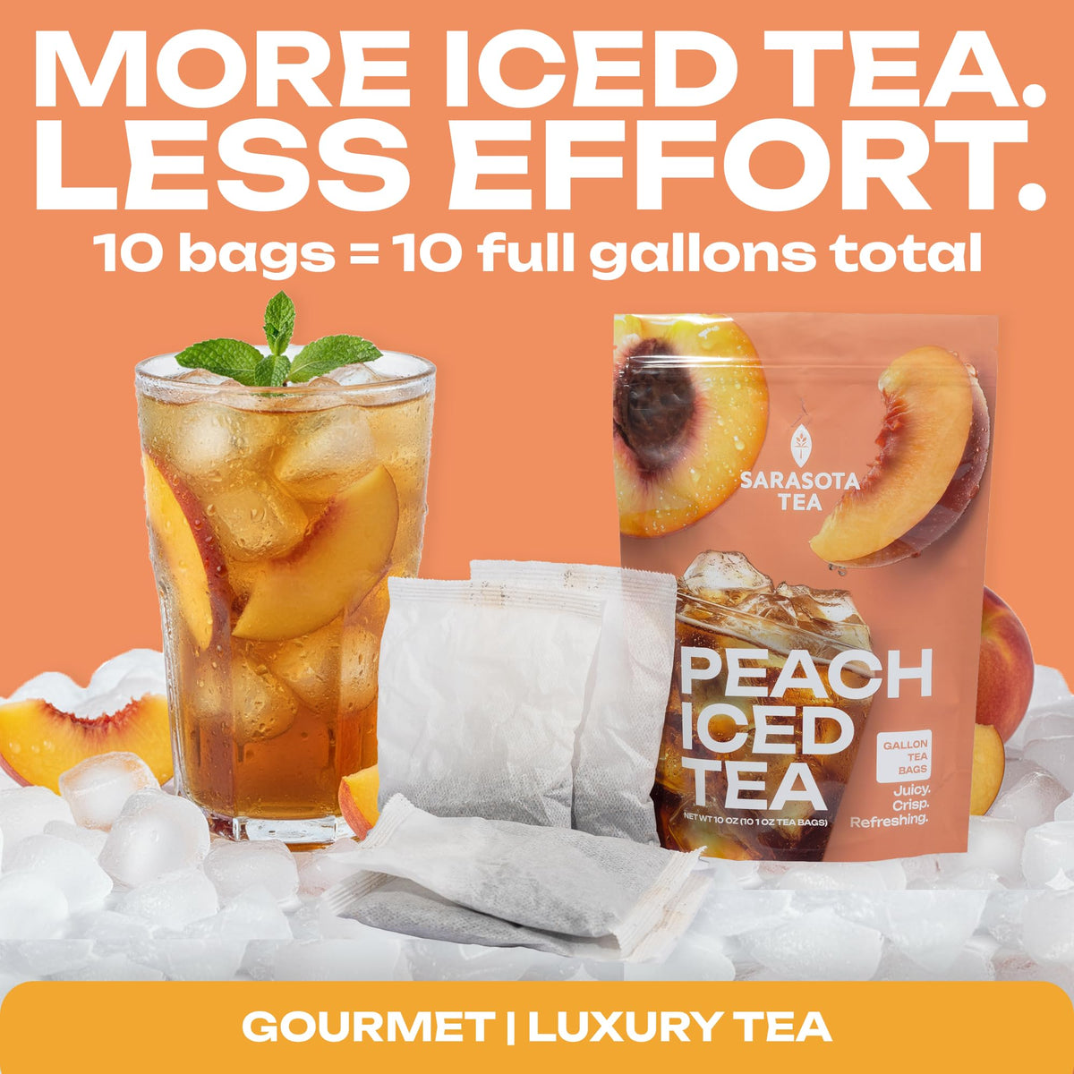 Sarasota peach iced tea bags offer easy, mess-free batch brewing