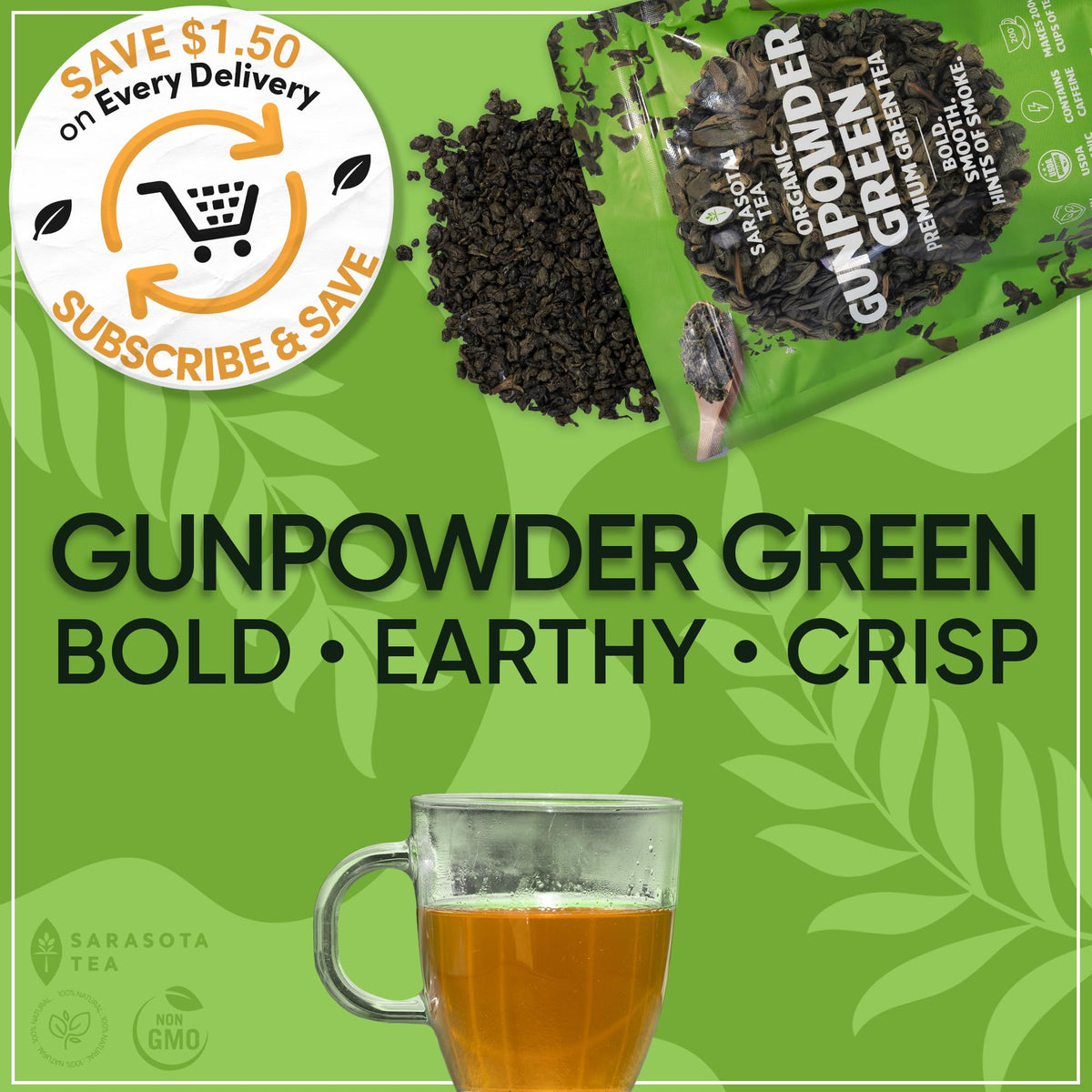 Sarasota Gunpowder Green Tea loose leaf close-up shows premium whole leaves.