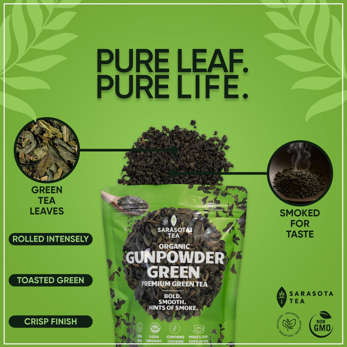 Sarasota Gunpowder Green Tea close-up reveals subtle nutty notes.