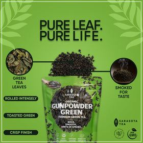 Sarasota Gunpowder Green Tea close-up reveals subtle nutty notes.
