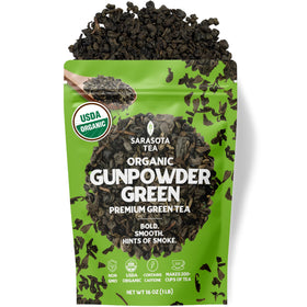 Sarasota Coffee & Tea Co Organic Gunpowder Green Tea bulk bag ready for brewing.