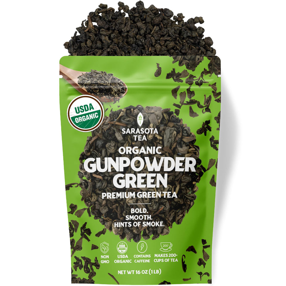 Sarasota Coffee & Tea Co Organic Gunpowder Green Tea bulk bag ready for brewing.