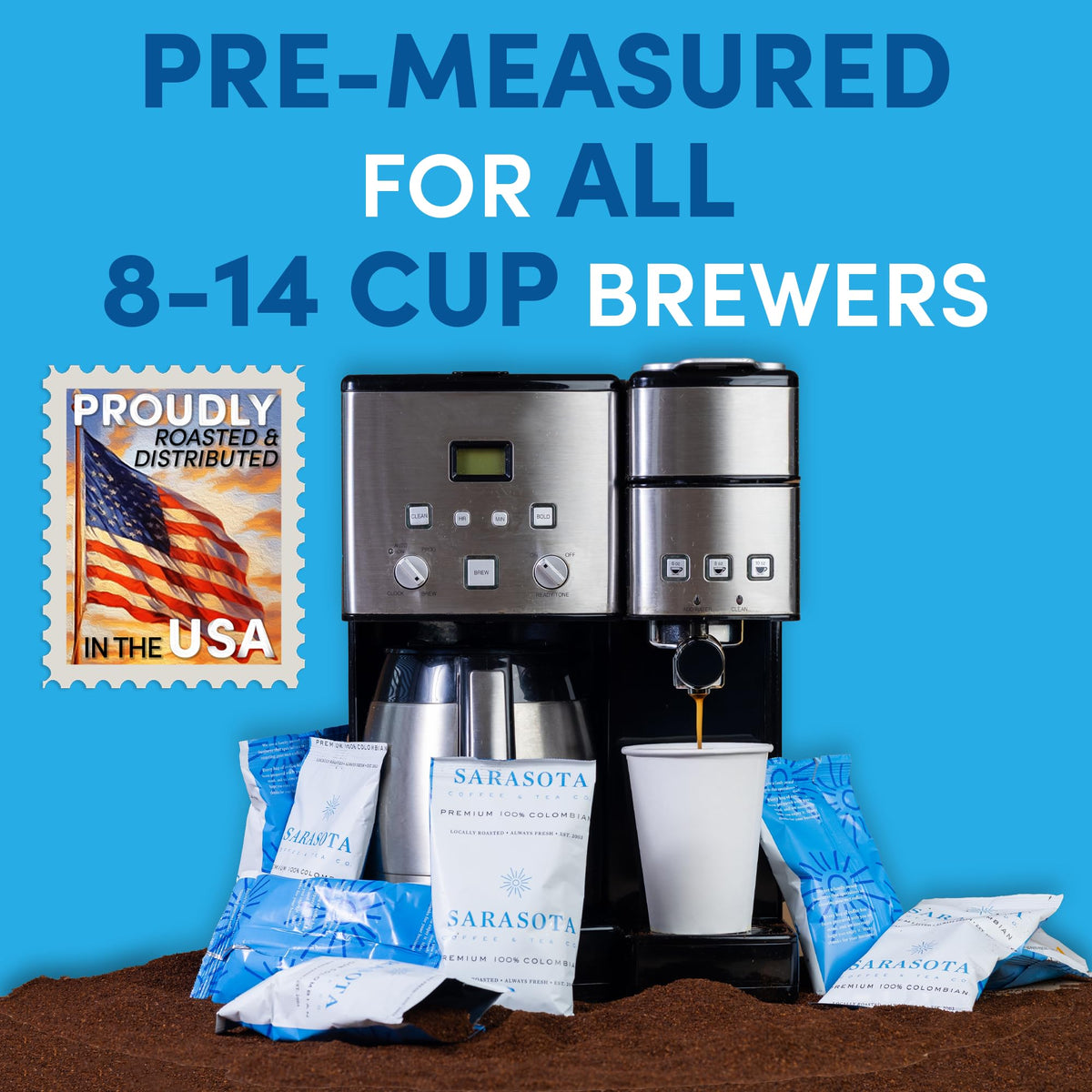 Sarasota Coffee twelve-cup drip packs ready for bulk home or office brewing.