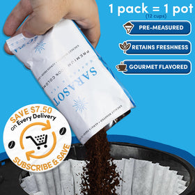 Sarasota Coffee two-ounce packets closeup emphasizing pre-measured convenience for quick mornings.