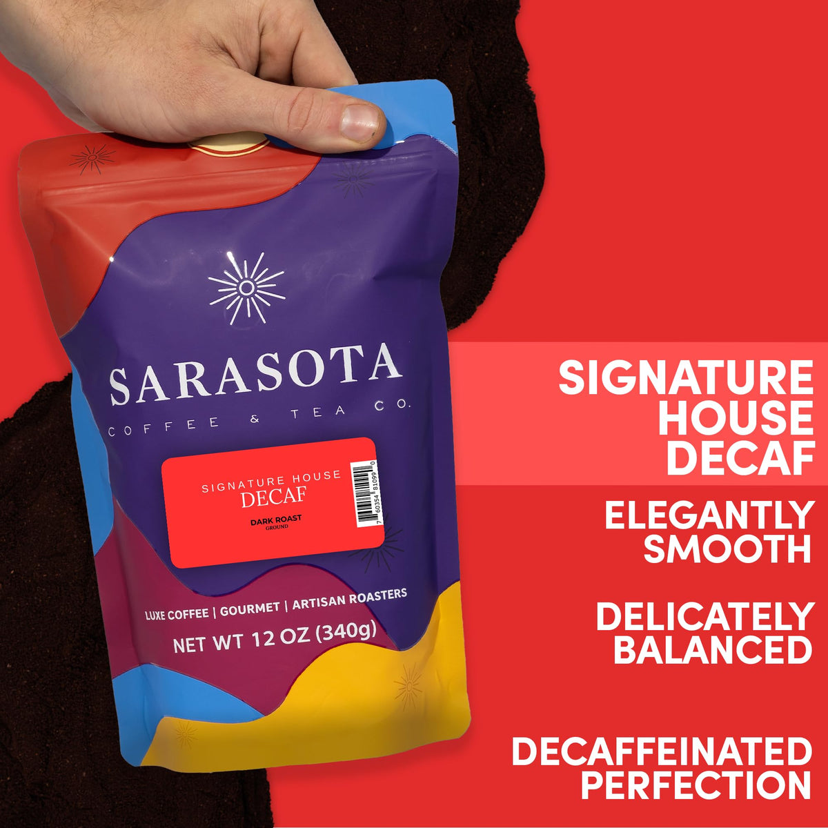Sarasota Decaf Ground Coffee bag closeup shows mold-free, specialty-grade beans