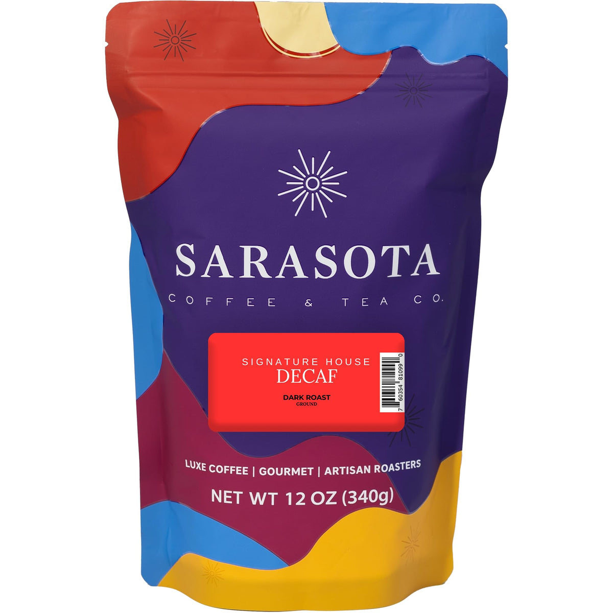 Sarasota Decaf Ground Coffee packaging highlights premium noncaffeine flavor for evening rituals