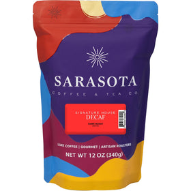 Sarasota Decaf Ground Coffee packaging highlights premium noncaffeine flavor for evening rituals