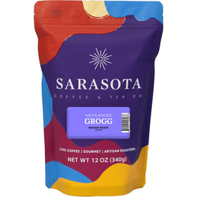 Sarasota Highlander Grogg ground coffee bag ready for brewing with bold butterscotch aroma.