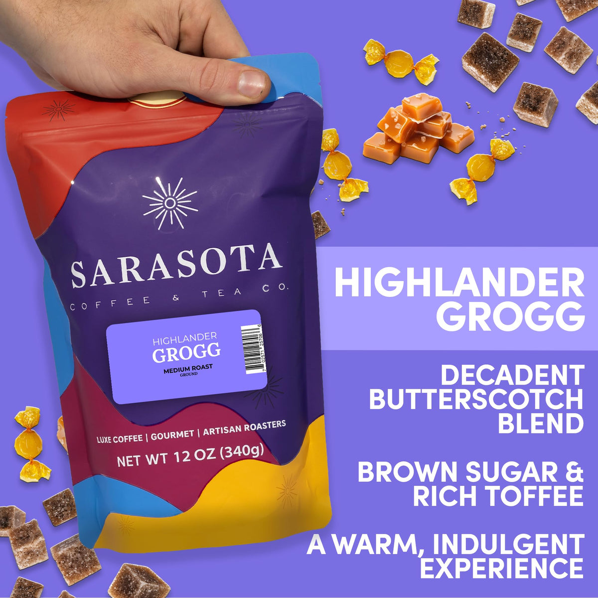 Sarasota Highlander Grogg ground coffee being poured for a rich, balanced cup.