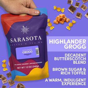 Sarasota Highlander Grogg ground coffee being poured for a rich, balanced cup.