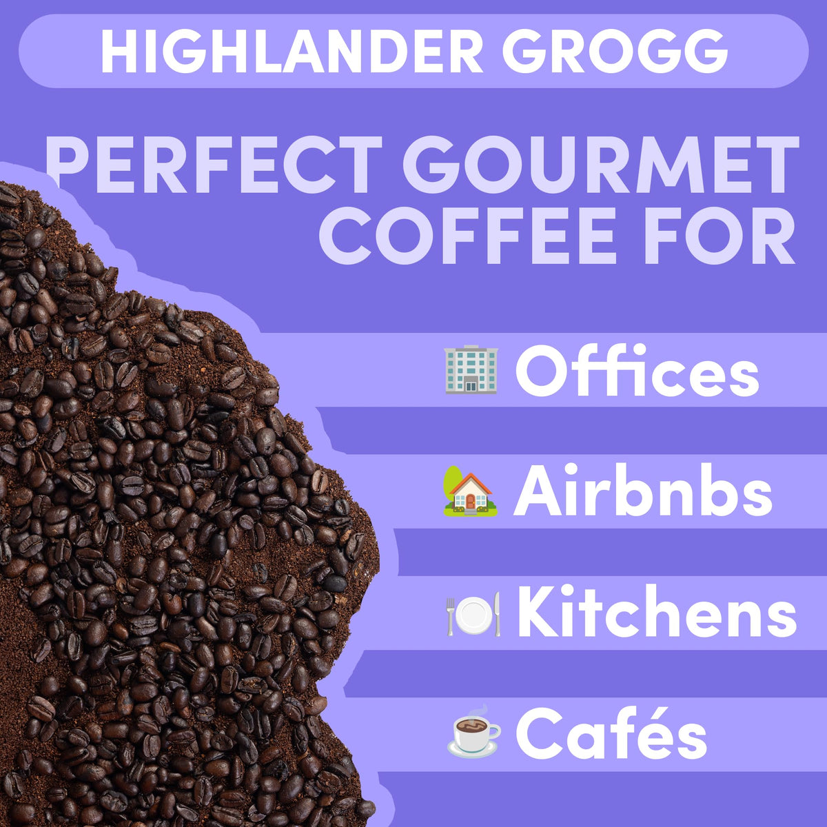 Sarasota Highlander Grogg ground coffee scoop emphasizes aroma and easy pour-over.