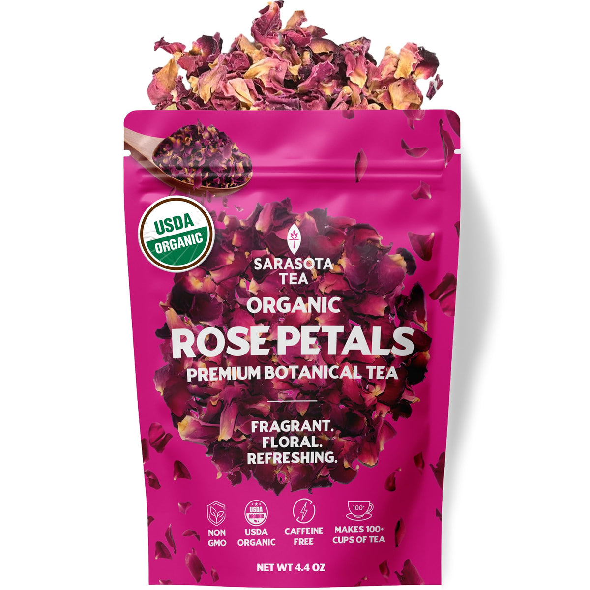 SARASOTA Organic Rose Petals loose tea for a calming, caffeine-free ritual.