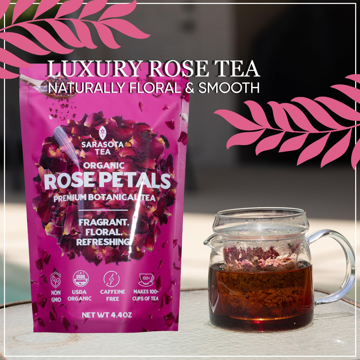 SARASOTA Organic Rose Petals loose tea in a glass infuser showcasing bright brewing notes.