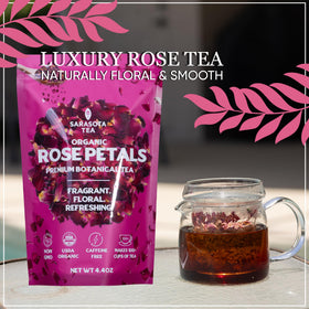 SARASOTA Organic Rose Petals loose tea in a glass infuser showcasing bright brewing notes.
