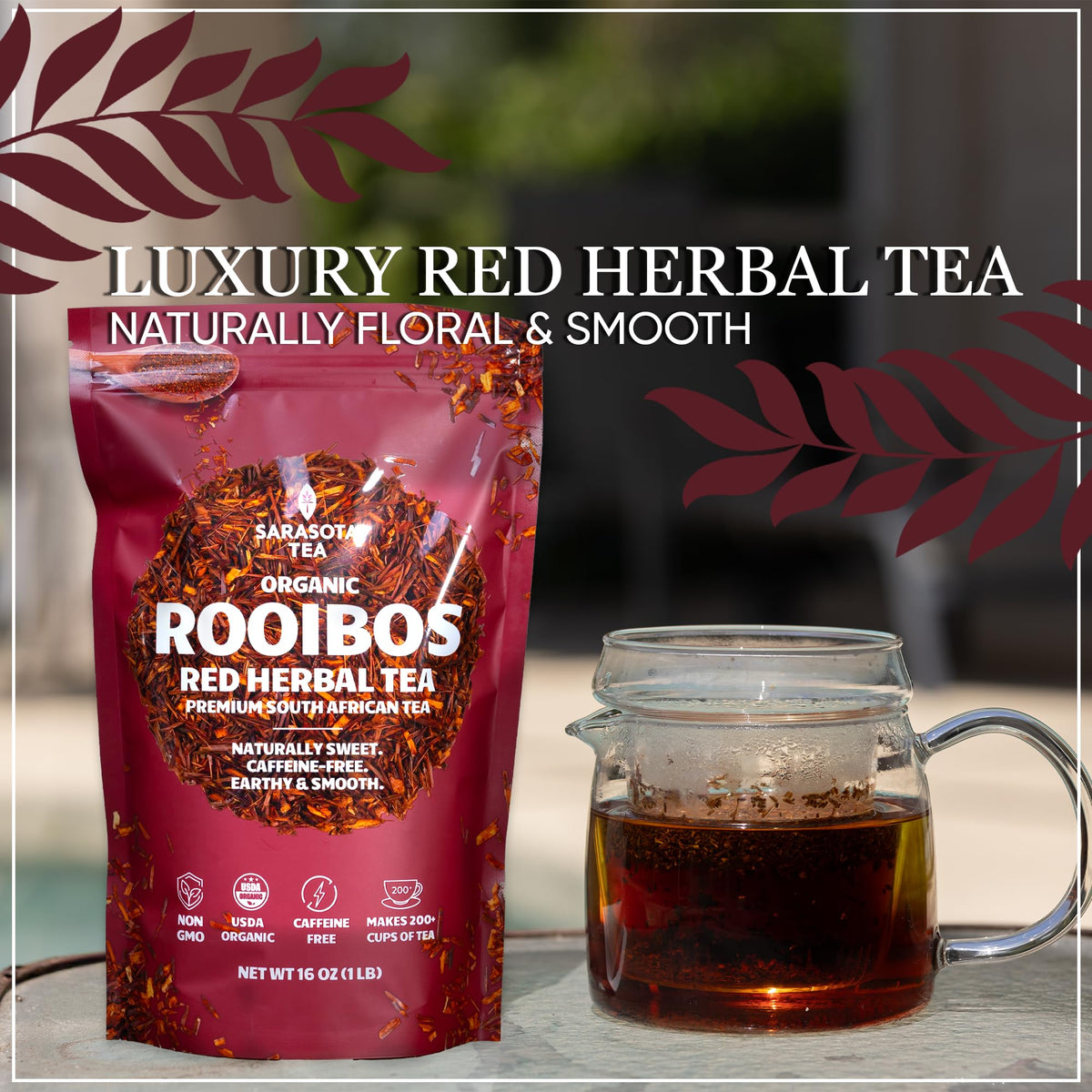 Sarasota Rooibos iced tea served in a clear glass.