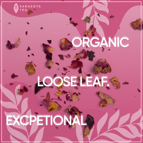 SARASOTA Organic Rose Petals loose tea dried-flowers closeup emphasizing natural origin.