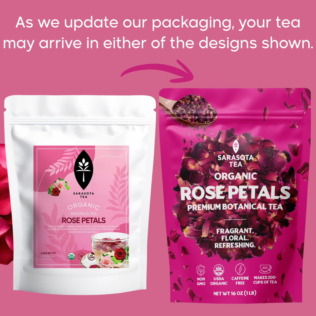 SARASOTA Organic Rose Petals loose tea infusion releasing a fragrant floral aroma for unwinding.