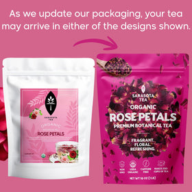 SARASOTA Organic Rose Petals loose tea infusion releasing a fragrant floral aroma for unwinding.