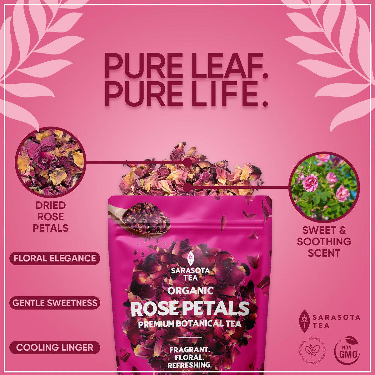 SARASOTA Organic Rose Petals loose tea steam rising over a cup for relaxation.