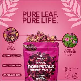 SARASOTA Organic Rose Petals loose tea steam rising over a cup for relaxation.