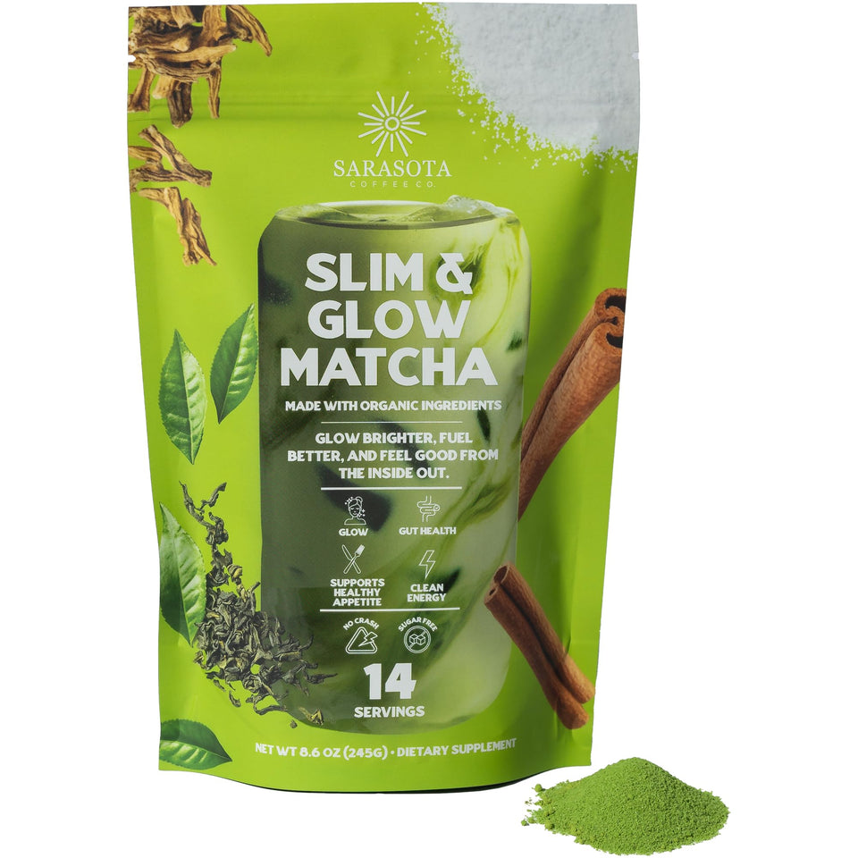 Sarasota Slim & Glow Matcha bottle showcases convenient 14 servings.