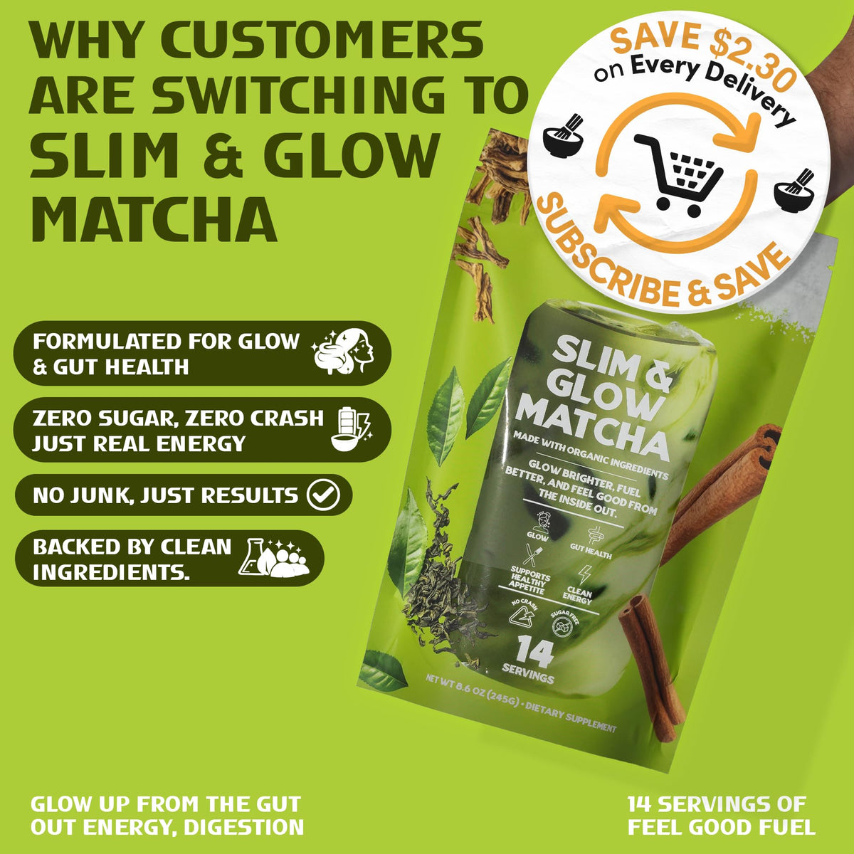 Sarasota Slim & Glow Matcha powder closeup with vibrant color for energizing lattes.