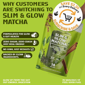 Sarasota Slim & Glow Matcha powder closeup with vibrant color for energizing lattes.