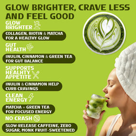 Sarasota Slim & Glow Matcha label highlights prebiotic fiber benefit.
