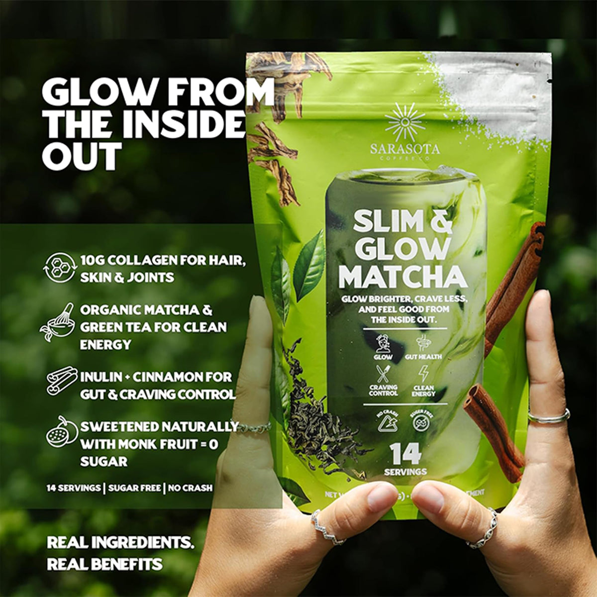 Sarasota Slim & Glow Matcha tub packaging on shelf.