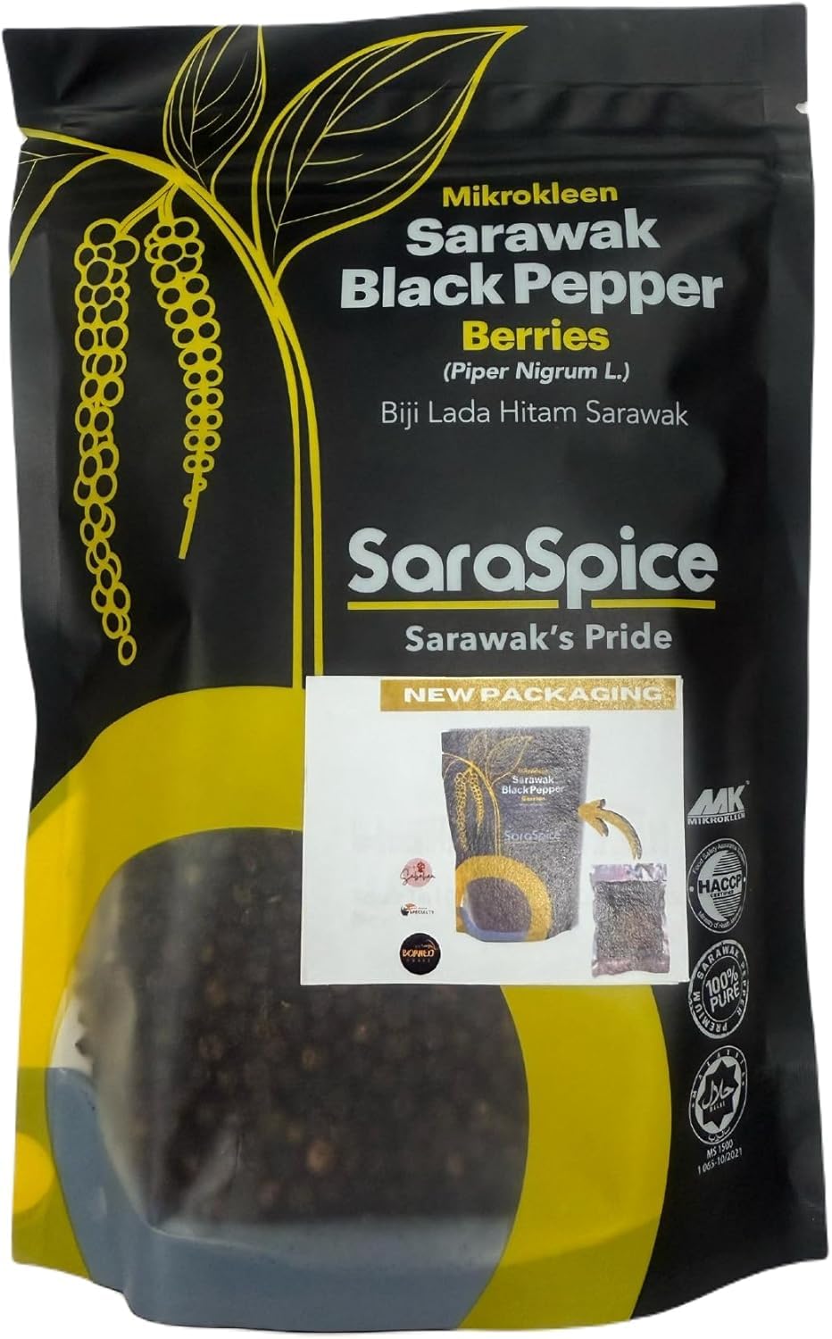 SaraSpice Sarawak black peppercorns in a glass jar for fresh, bold flavor.
