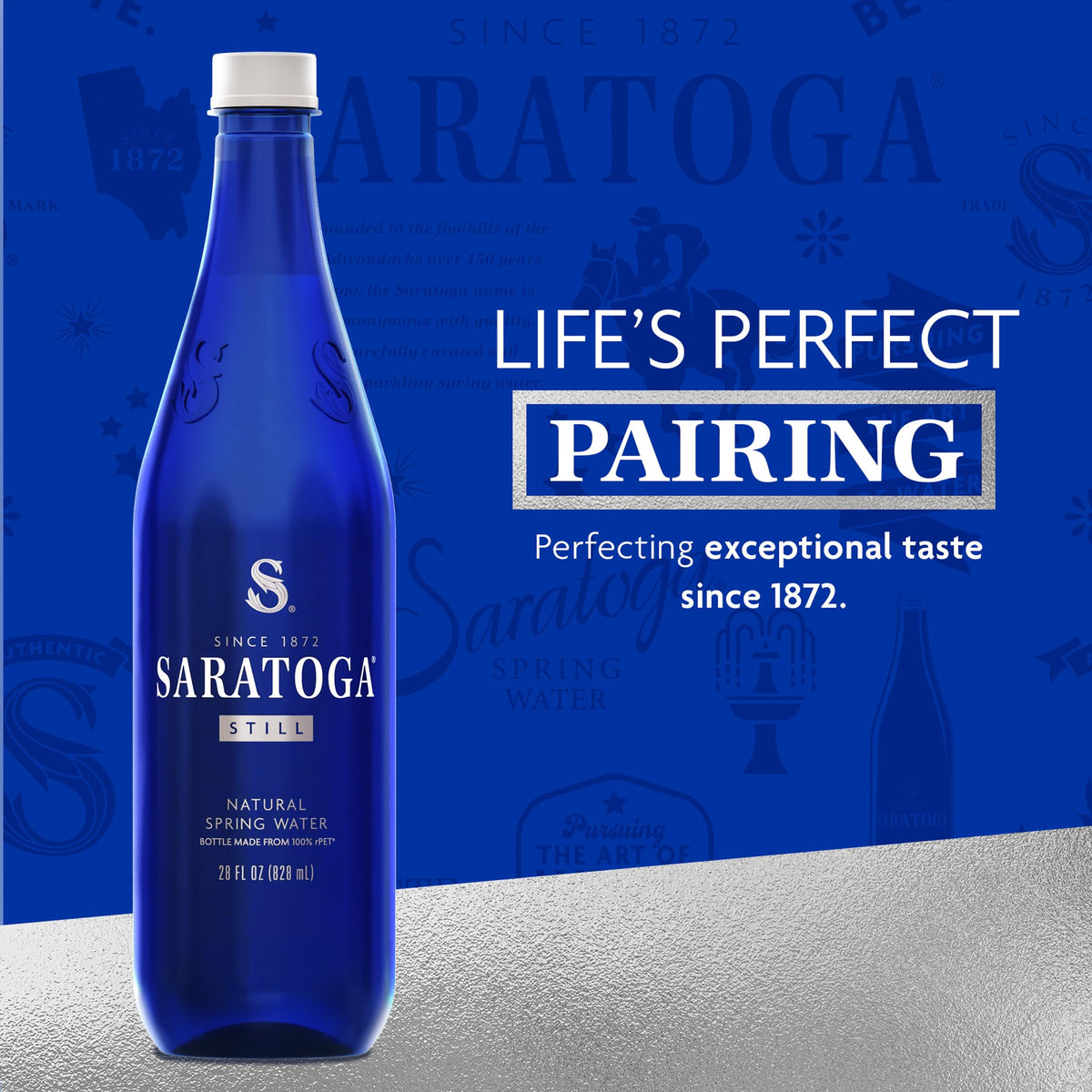 Saratoga eco-packaging 100% recycled plastic bottles, supporting sustainable hydration.