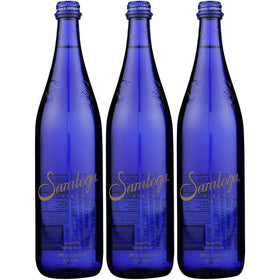 Saratoga Sparkling Spring Water 28oz cobalt glass bottle front view for refreshing hydration on the go.