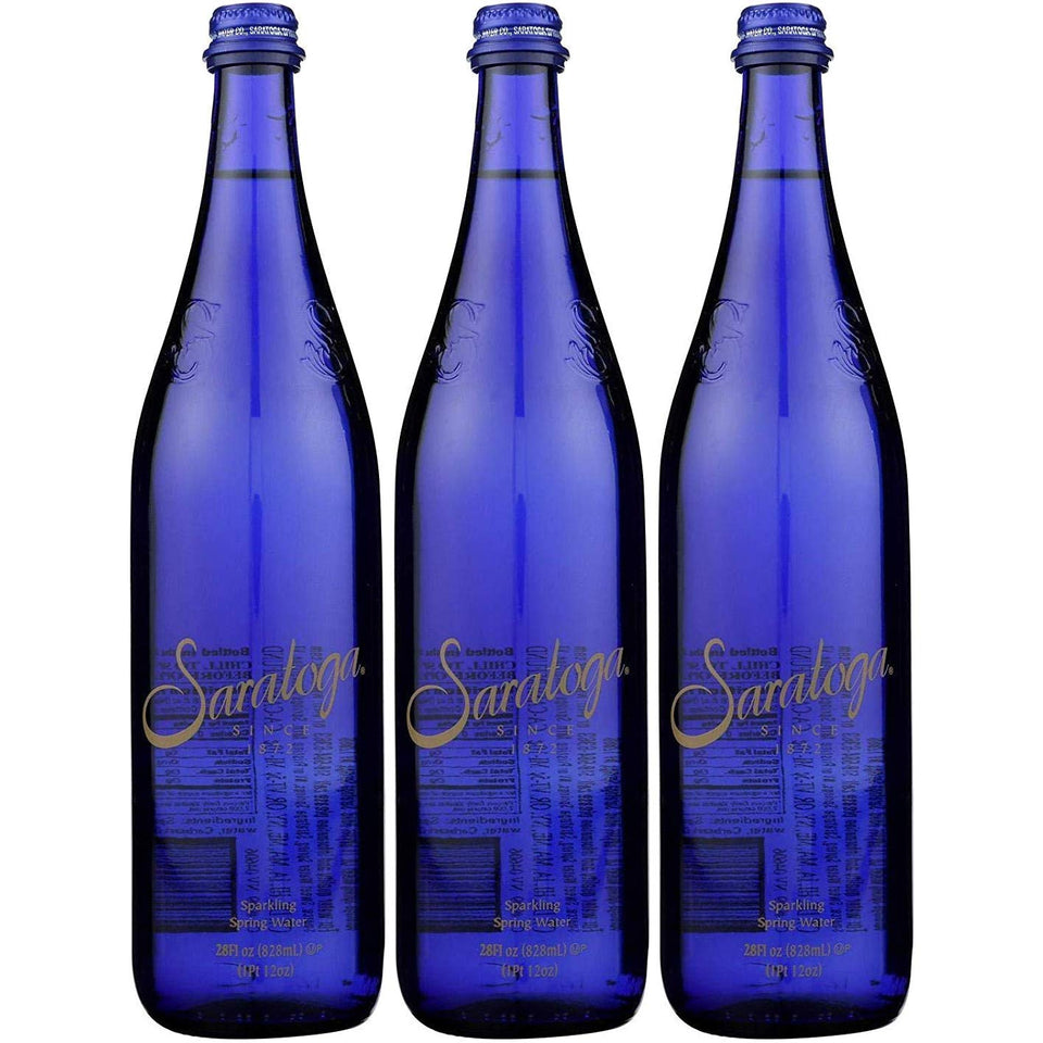 Saratoga Sparkling Spring Water 28oz cobalt glass bottle front view for refreshing hydration on the go.