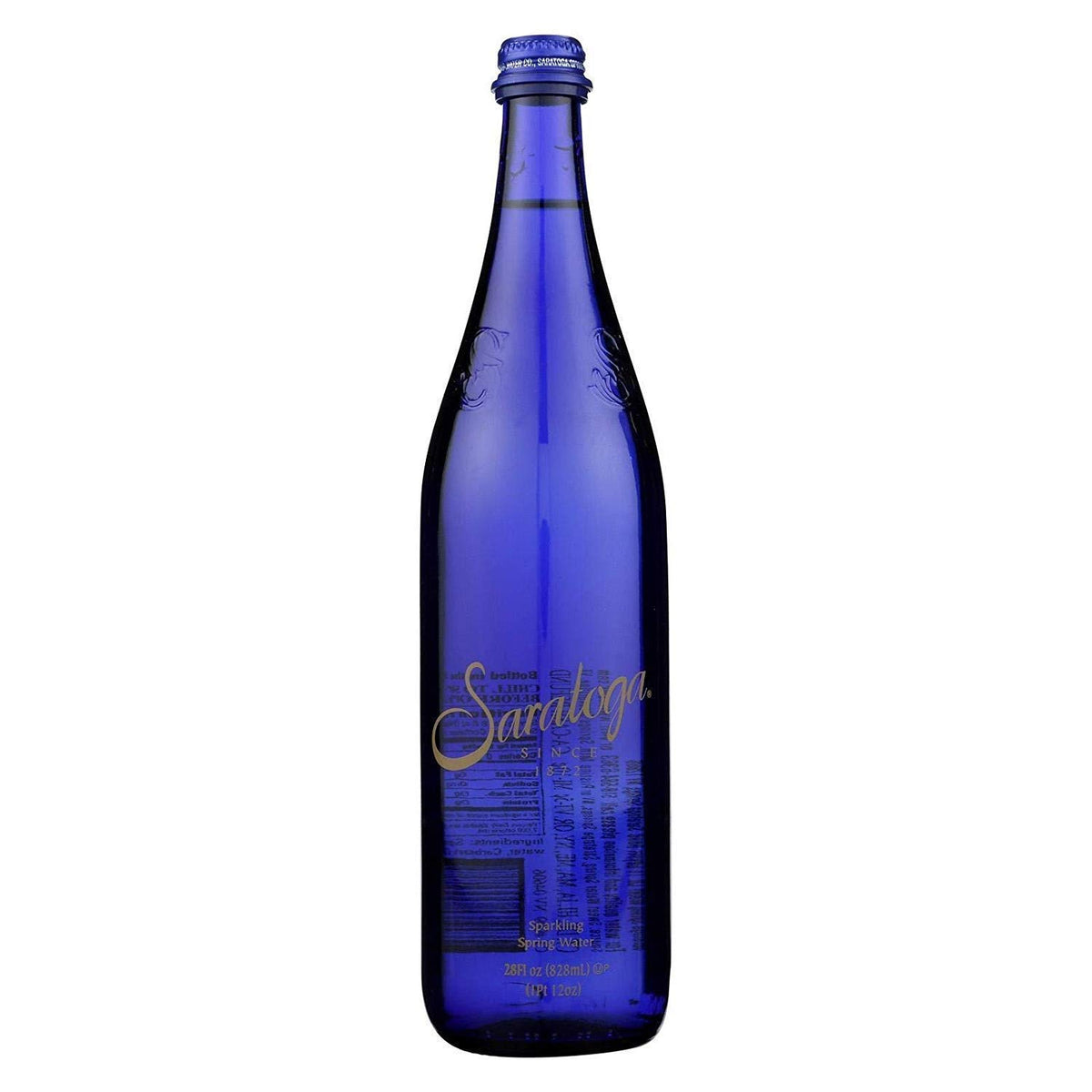 Saratoga Sparkling Spring Water bottle pouring into a glass for convenient, crisp hydration.